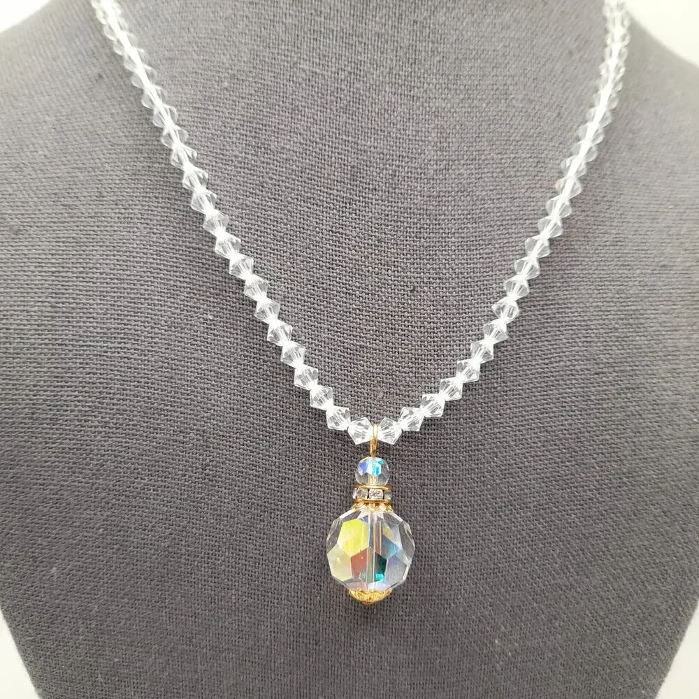 Vintage 1960s Crystal Faceted Pendant Necklace, AB Rhinestone Box Clasp, 17 Inch